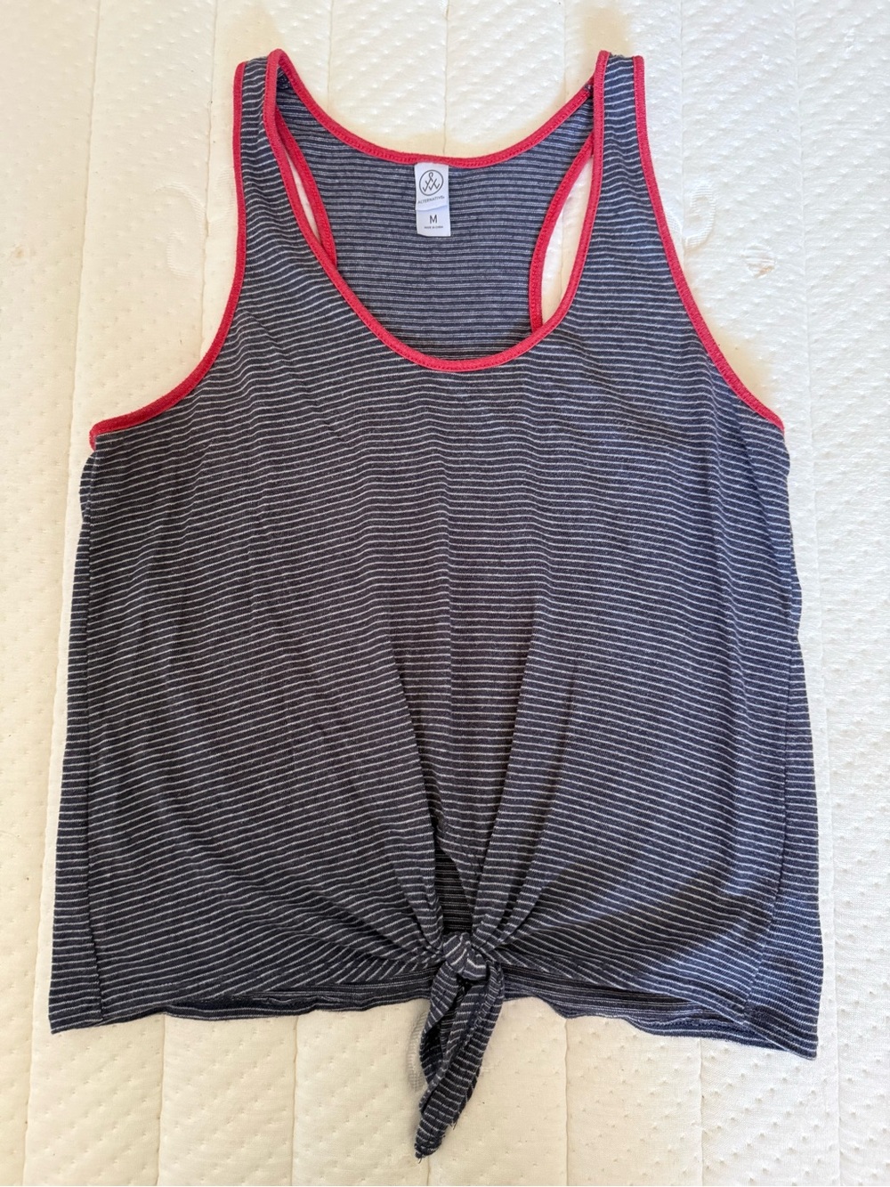 Alternative Navy Striped Tie-Front Tank with Pink Trim